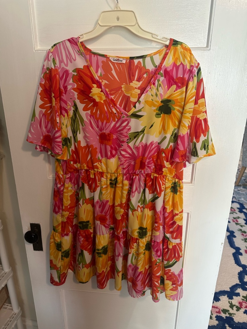 Gingee Floral V-Neck Babydoll Mini Dress in Pink & Yellow